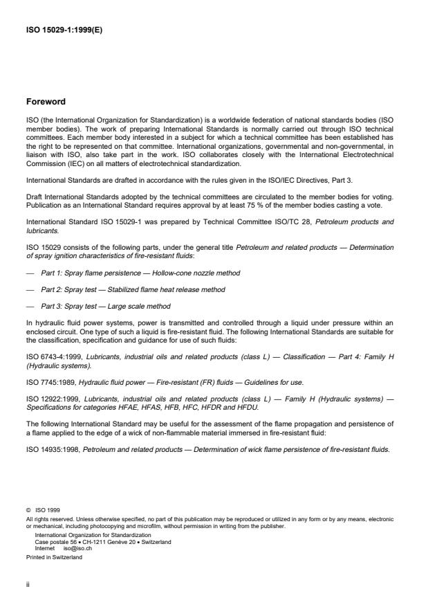 ISO 15029-1:1999 ISO 15029-1:1999 - Petroleum and related products -- Determination of spray ignition characteristics of fire-resistant fluids - Page 2 preview