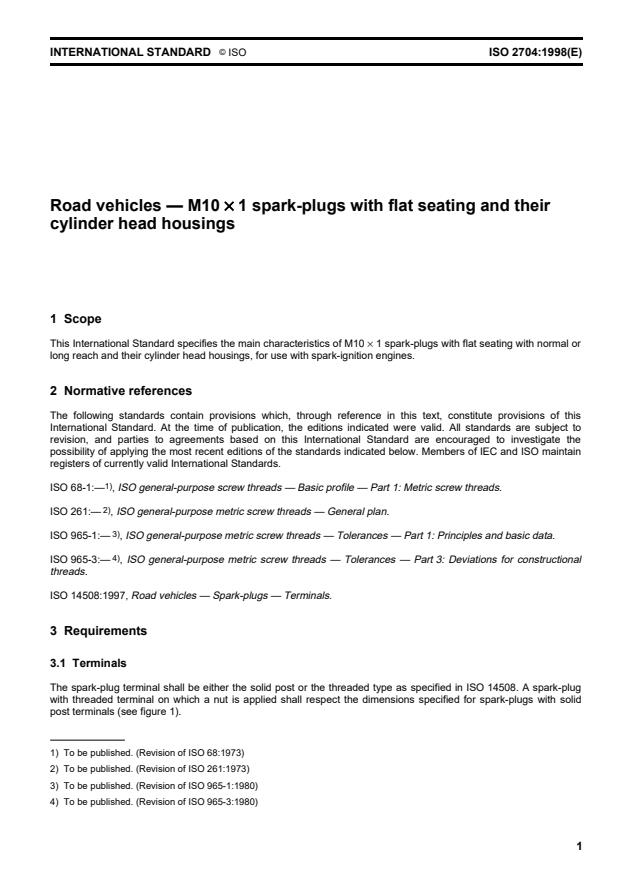 ISO 2704:1998 - Road vehicles -- M10 x 1 spark-plugs with flat seating and their cylinder head housings