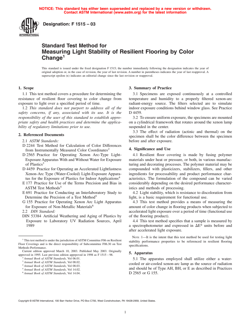 ASTM F1515-03 - Standard Test Method for Measuring Light Stability of Resilient Vinyl Flooring by Color Change