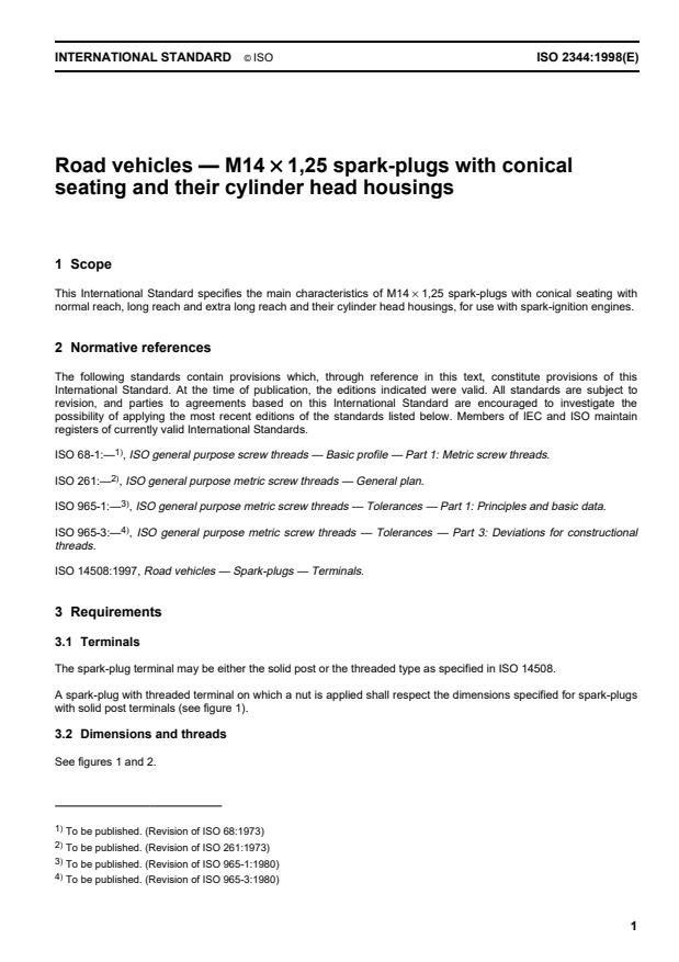 ISO 2344:1998 - Road vehicles -- M14 x 1,25 spark-plugs with conical seating and their cylinder head housings