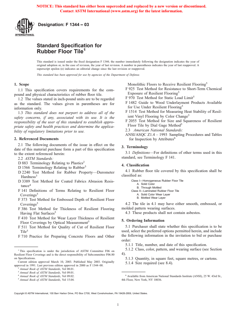 ASTM F1344-03 - Standard Specification for Rubber Floor Tile