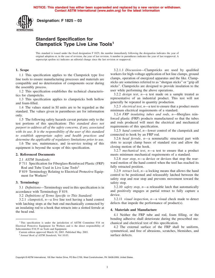 ASTM F1825-03 - Standard Specification for Clampstick Type Live Line Tools