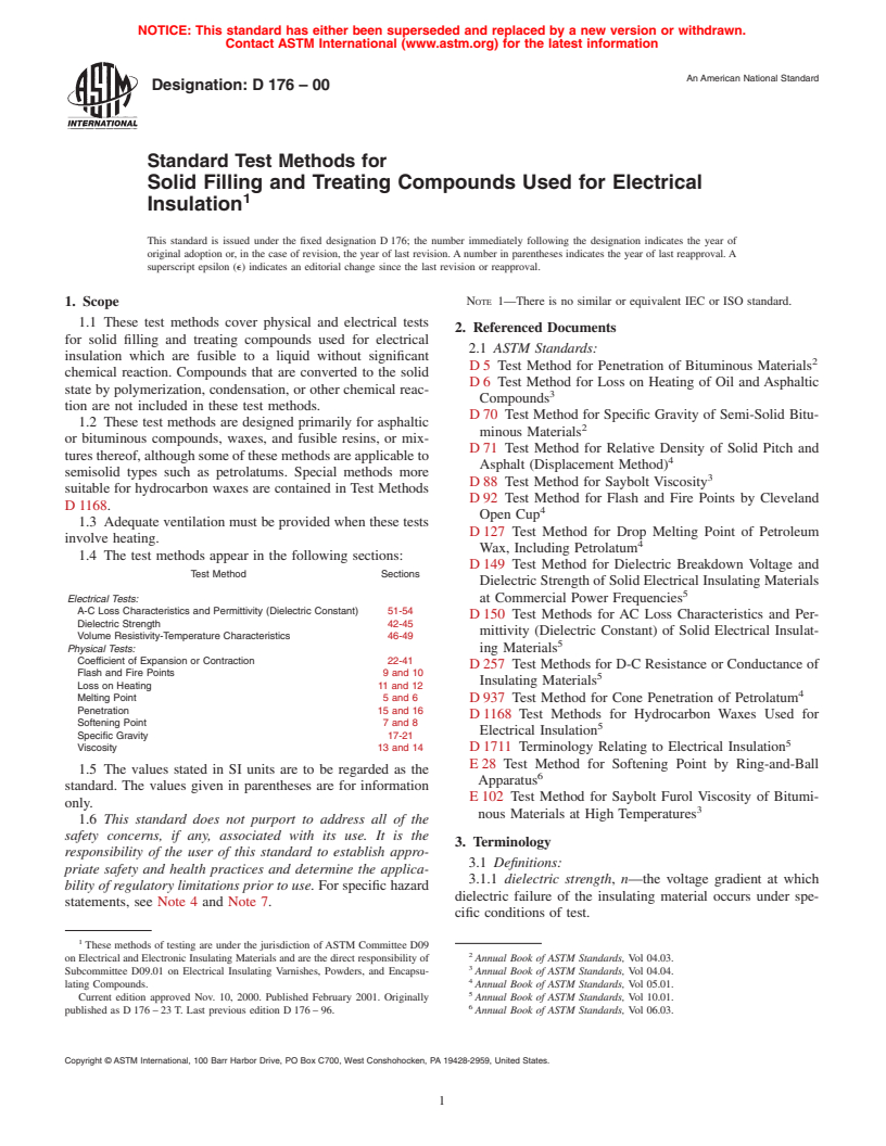 ASTM D176-00 - Standard Test Methods for Solid Filling and Treating Compounds Used for Electrical Insulation