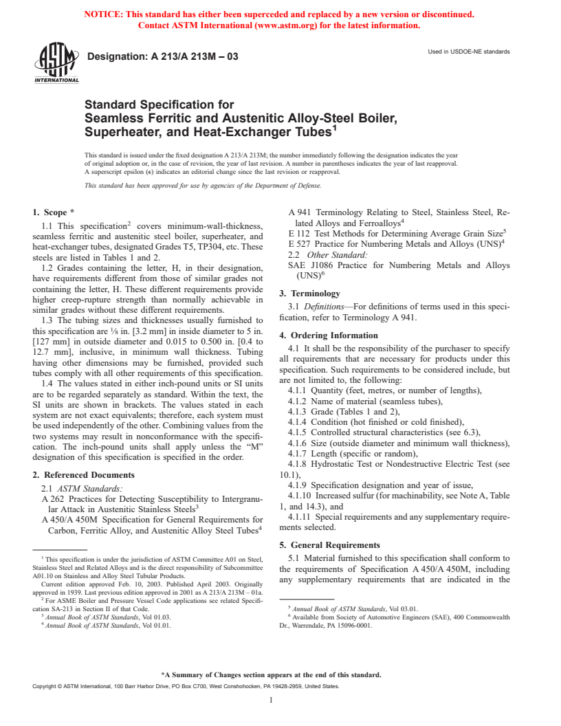 ASTM A213/A213M-03 - Standard Specification for Seamless Ferritic and Austenitic Alloy-Steel Boiler, Superheater, and Heat-Exchanger Tubes