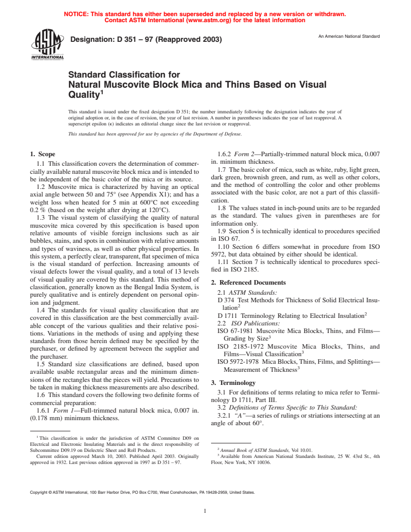 ASTM D351-97(2003) - Standard Classification for Natural Muscovite Block Mica and Thins Based on Visual Quality