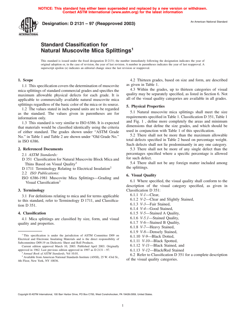 ASTM D2131-97(2003) - Standard Specification for Natural Muscovite Mica Splittings