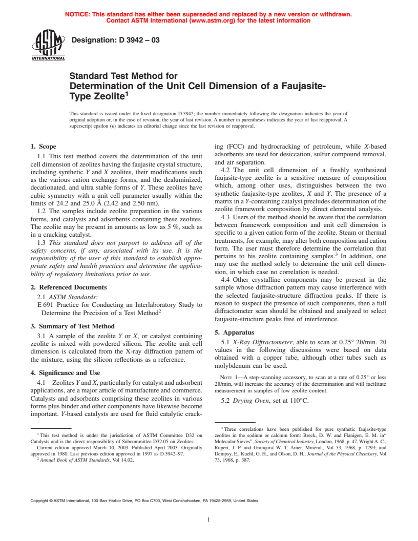 ASTM D3942-03 - Standard Test Method for Determination of the Unit Cell Dimension of a Faujasite-Type Zeolite