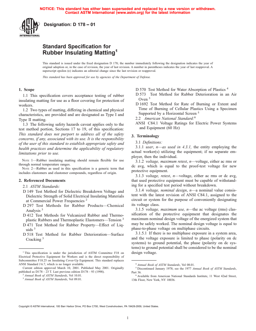 ASTM D178-01 - Standard Specification for Rubber Insulating Matting