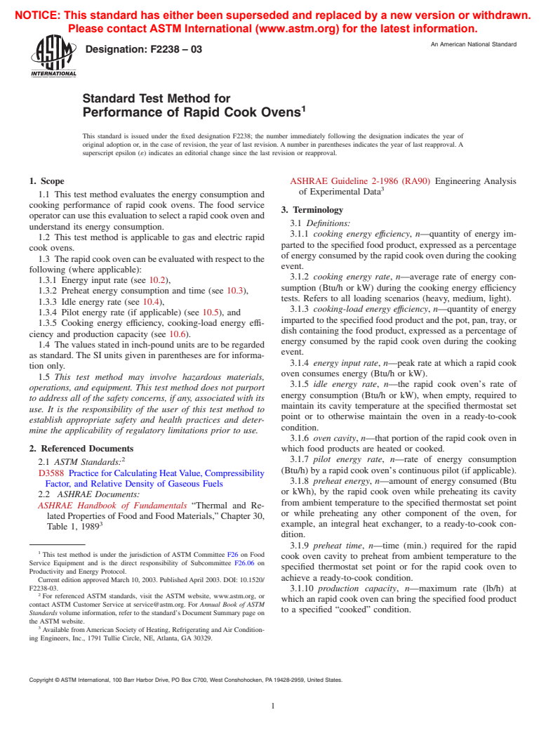 ASTM F2238-03 - Standard Test Method for Performance of Rapid Cook Ovens