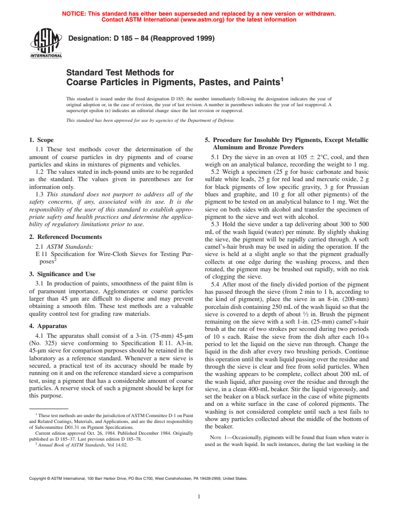 ASTM D185-84(1999) - Standard Test Methods for Coarse Particles in Pigments, Pastes, and Paints
