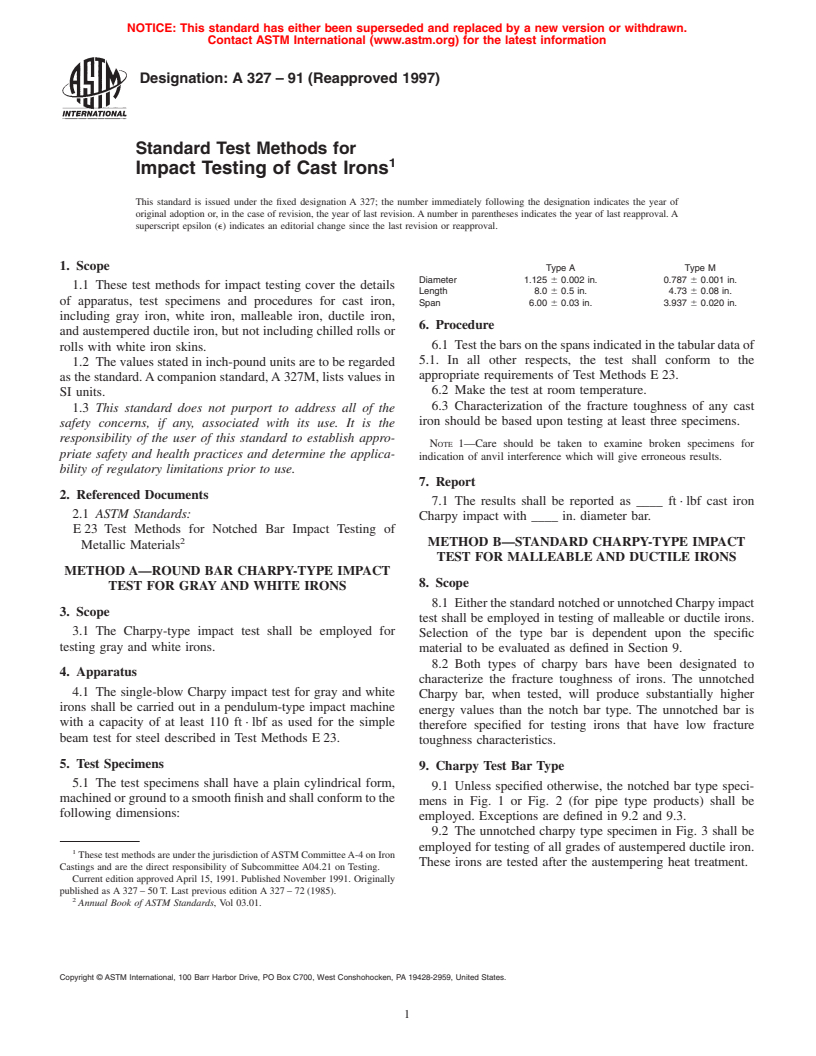 ASTM A327-91(1997) - Standard Test Methods for Impact Testing of Cast Irons