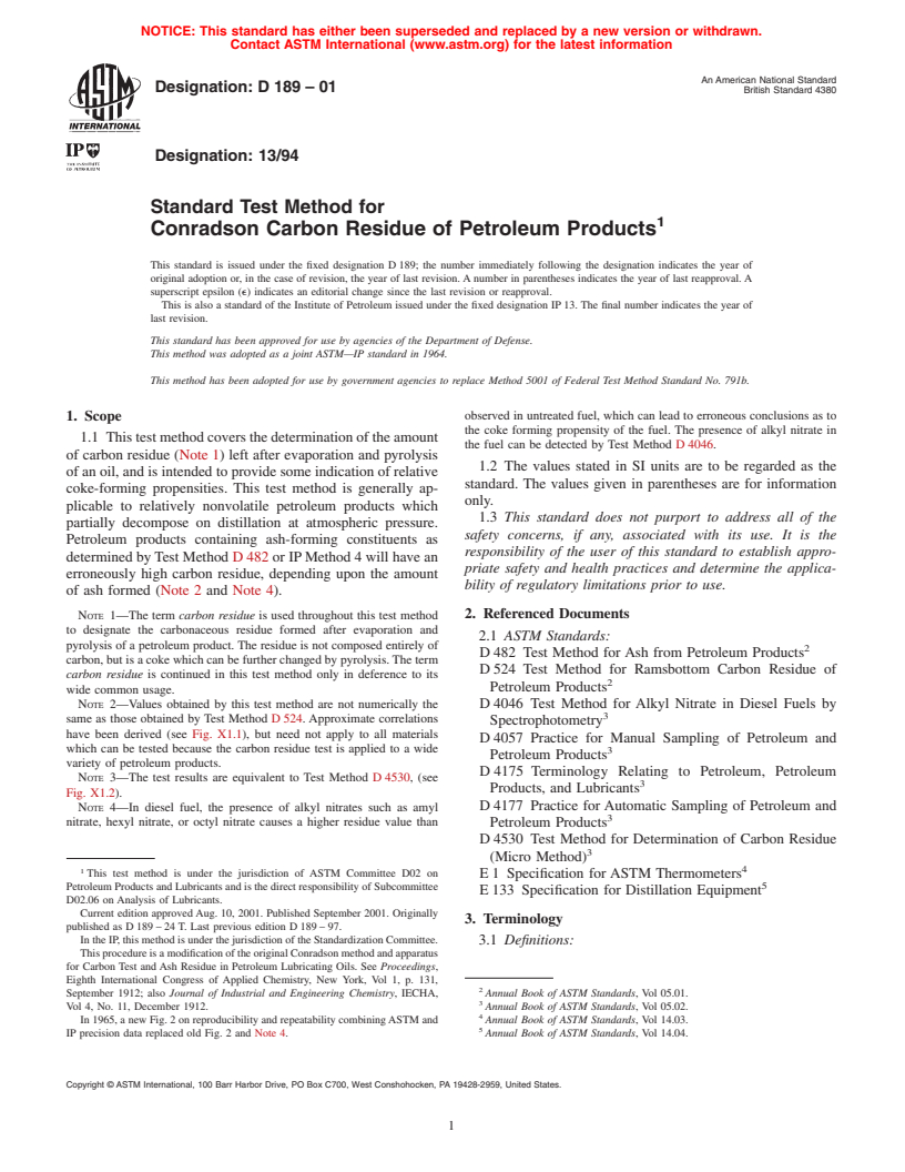 ASTM D189-01 - Standard Test Method for Conradson Carbon Residue of Petroleum Products