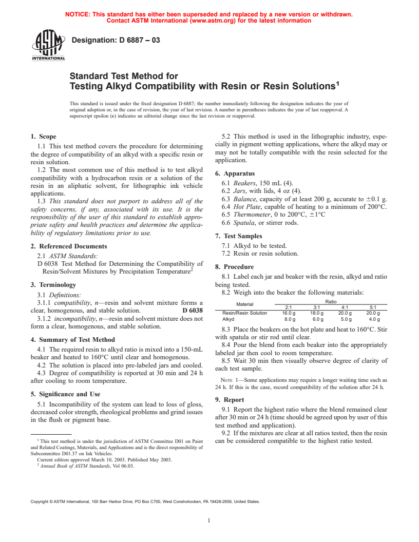 ASTM D6887-03 - Standard Test Method for Testing Alkyd Compatibility with Resin or Resin Solutions