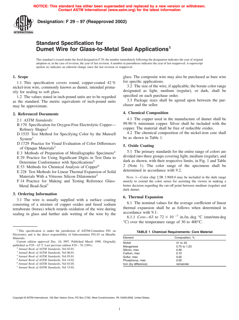 ASTM F29-97(2002) - Standard Specification for Dumet Wire for Glass-to-Metal Seal Applications