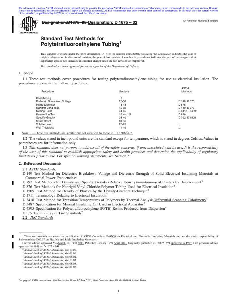 REDLINE ASTM D1675-03 - Standard Test Methods for Polytetrafluoroethylene Tubing