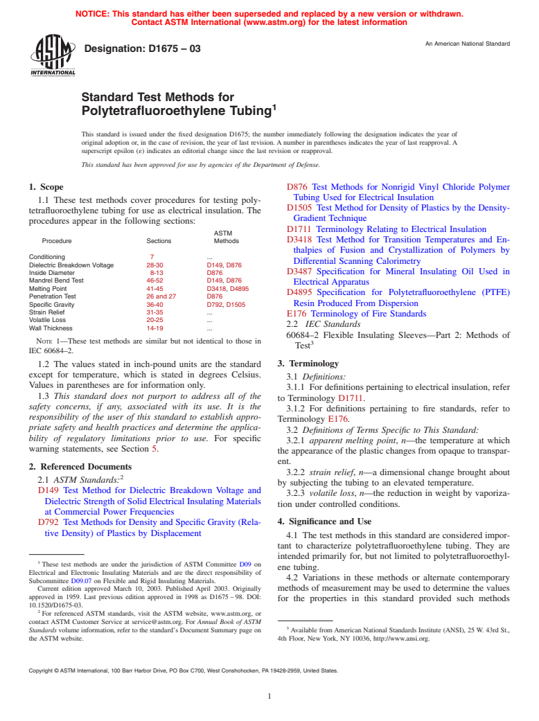 ASTM D1675-03 - Standard Test Methods for Polytetrafluoroethylene Tubing