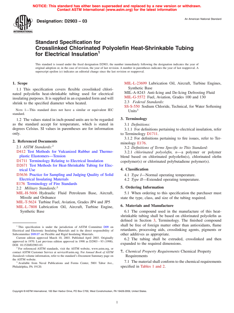 ASTM D2903-03 - Standard Specification for Crosslinked Chlorinated Polyolefin Heat-Shrinkable Tubing for Electrical Insulation