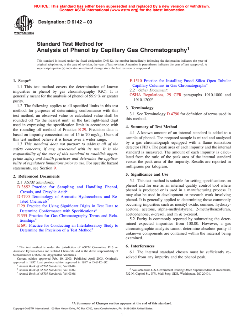 ASTM D6142-03 - Standard Test Method for Analysis of Phenol by Capillary Gas Chromatography