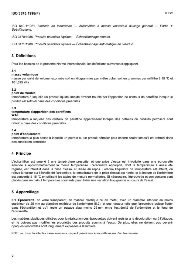ISO 3675:1998 ISO 3675:1998 - Pétrole brut et produits pétroliers liquides -- Détermination en laboratoire de la masse volumique -- Méthode a l'aréometre - Page 4 preview