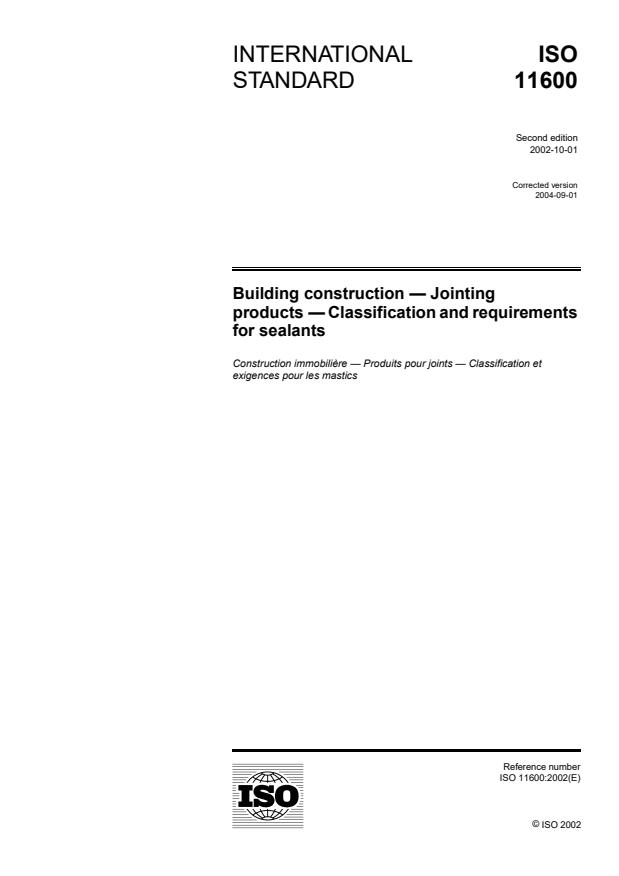 ISO 11600:2002 - Building construction -- Jointing products -- Classification and requirements for sealants