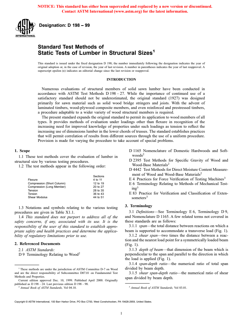 ASTM D198-99 - Standard Test Methods of Static Tests of Lumber in Structural Sizes