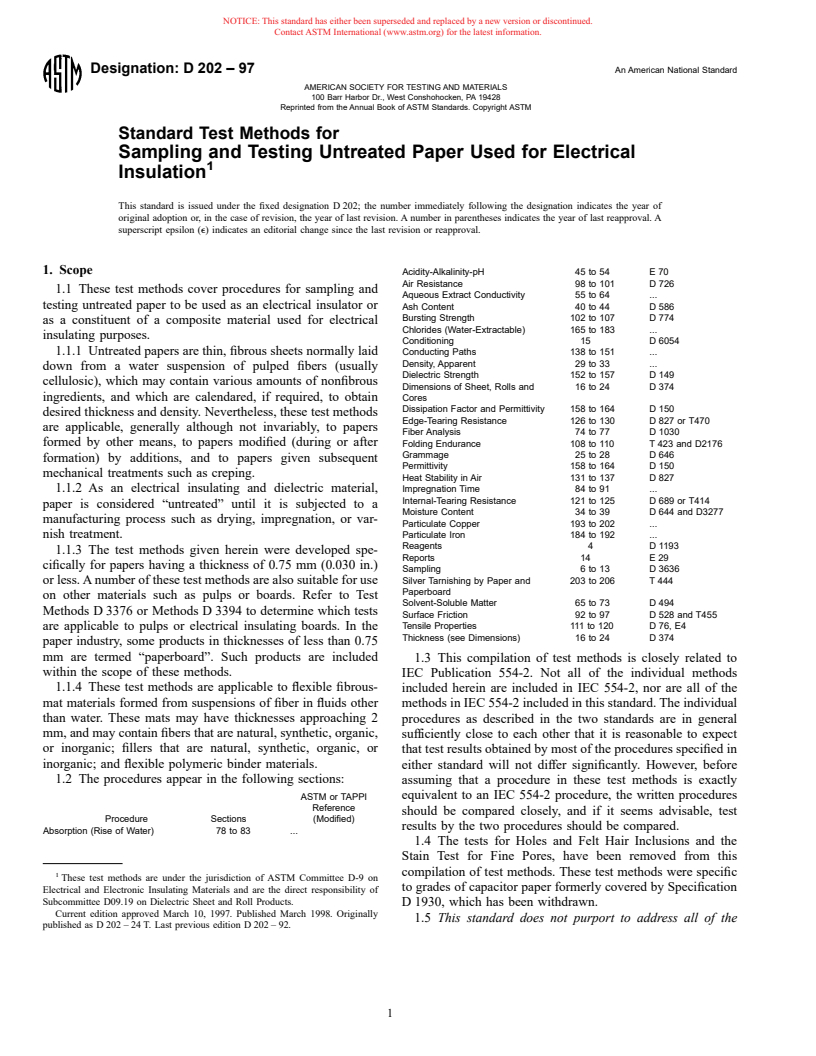 ASTM D202-97 - Standard Test Methods for Sampling and Testing Untreated Paper Used for Electrical Insulation