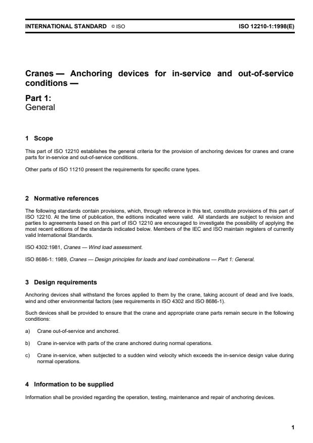 ISO 12210-1:1998 - Cranes -- Anchoring devices for in-service and out-of-service conditions