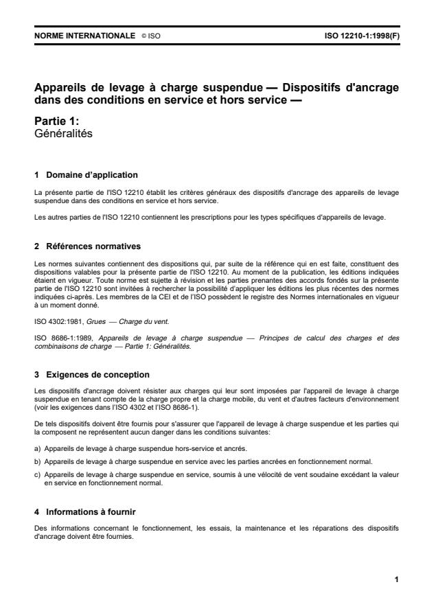 ISO 12210-1:1998 - Appareils de levage a charge suspendue -- Dispositifs d'ancrage dans des conditions en service et hors service