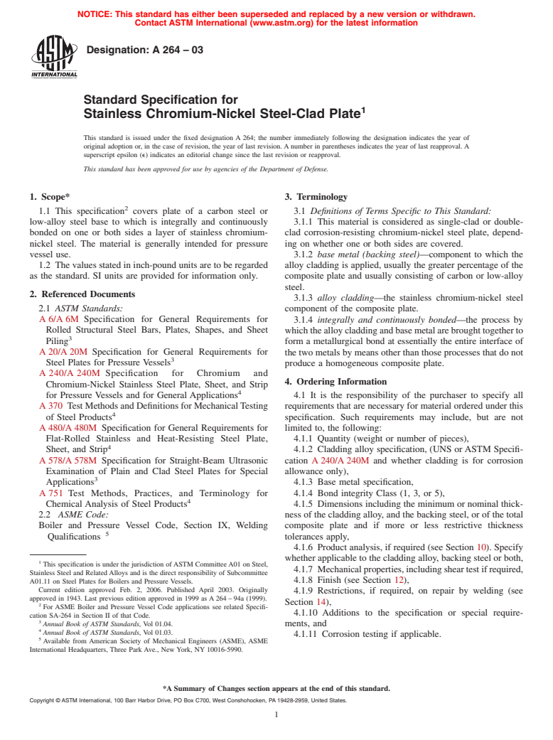 ASTM A264-03 - Specification for Stainless Chromium-Nickel Steel-Clad Plate