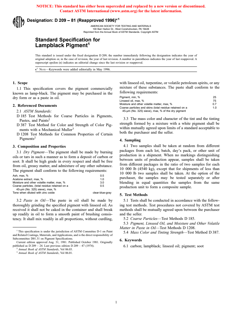 ASTM D209-81(1996)e1 - Standard Specification for Lampblack Pigment