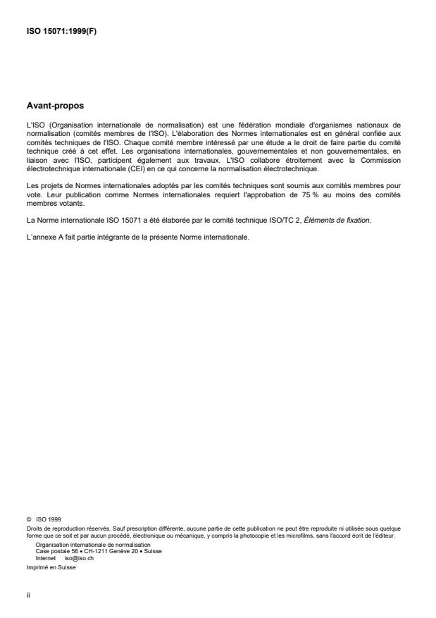 ISO 15071:1999 ISO 15071:1999 - Vis a tete hexagonale a embase cylindro-tronconique -- Série étroite -- Grade A - Page 2 preview