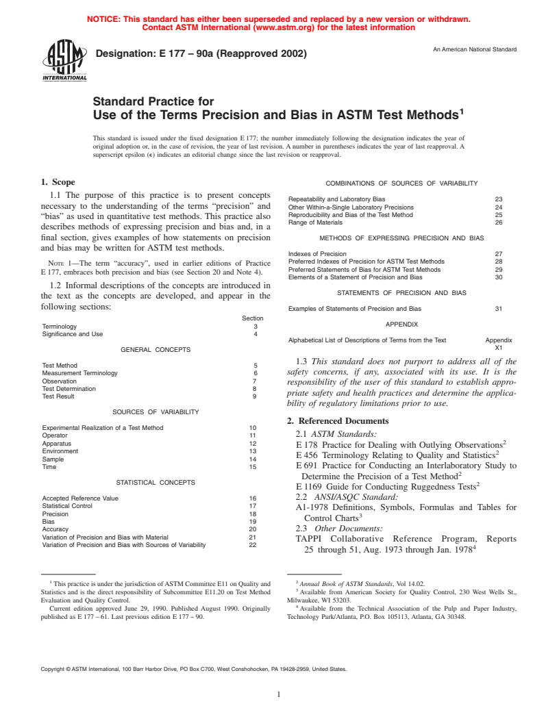 ASTM E177-90a(2002) - Standard Practice for Use of the Terms Precision and Bias in ASTM Test Methods