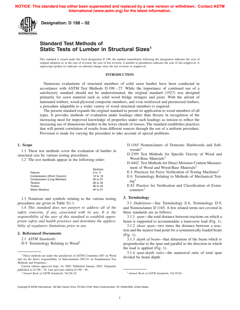 ASTM D198-02 - Standard Test Methods of Static Tests of Lumber in Structural Sizes