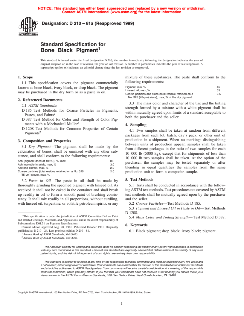 ASTM D210-81a(1999) - Standard Specification for Bone Black Pigment