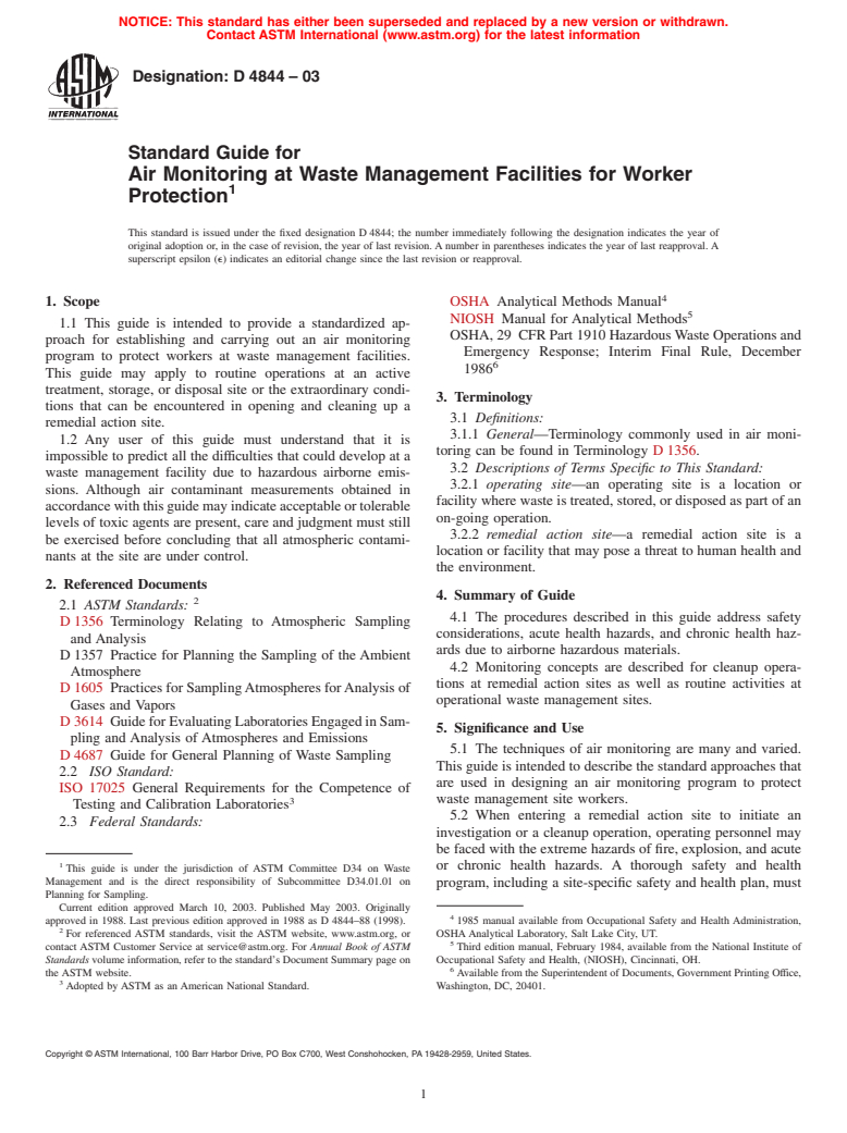 ASTM D4844-03 - Standard Guide for Air Monitoring at Waste Management Facilities for Worker Protection