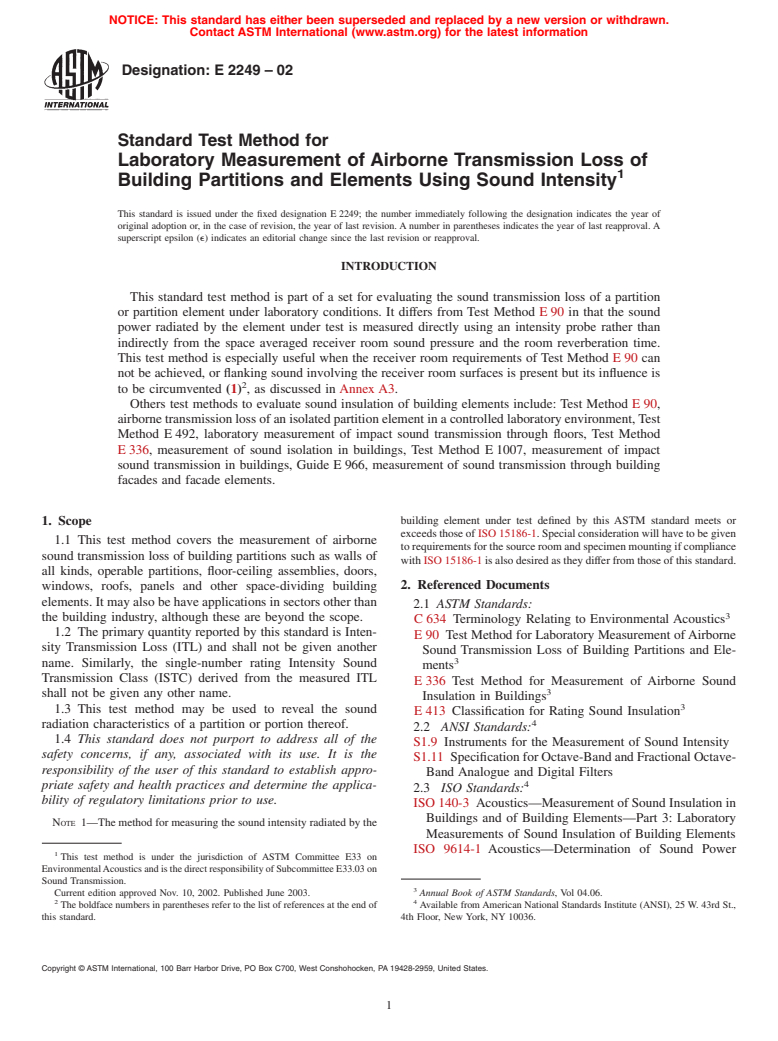 ASTM E2249-02 - Standard Test Method for Laboratory Measurement of Airborne Transmission Loss of Building Partitions and Elements Using Sound Intensity