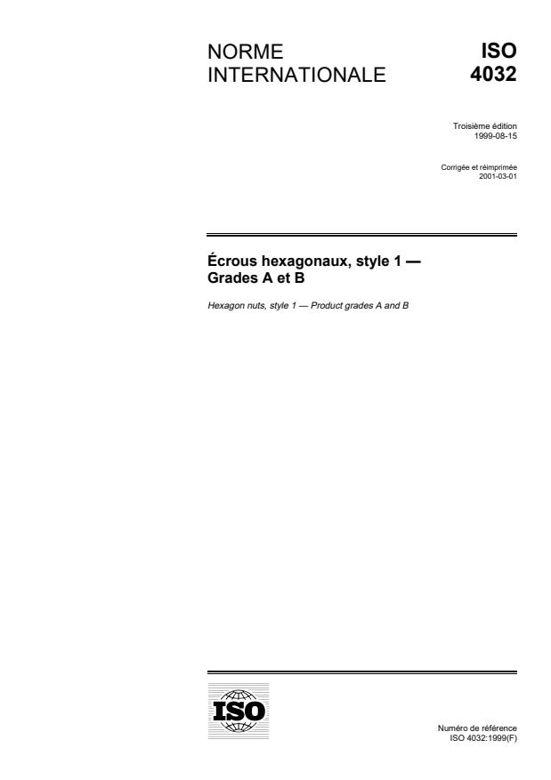 ISO 4032:1999 - Écrous hexagonaux, style 1 -- Grades A et B