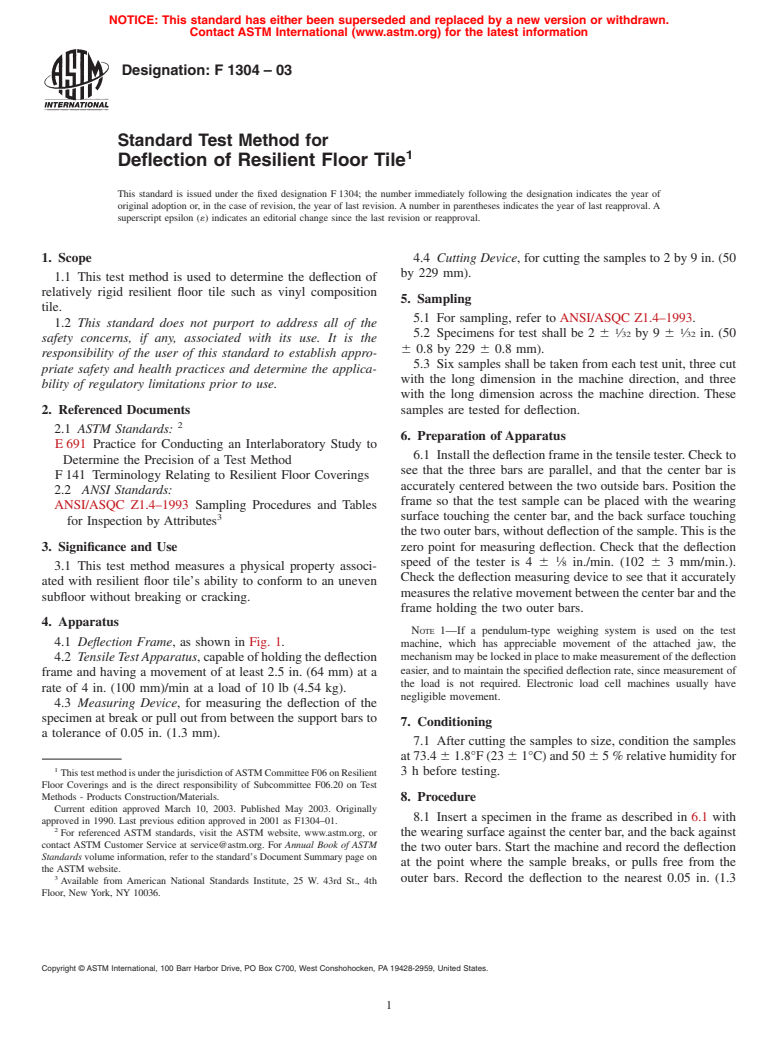 ASTM F1304-03 - Standard Test Method for Deflection of Resilient Floor Tile