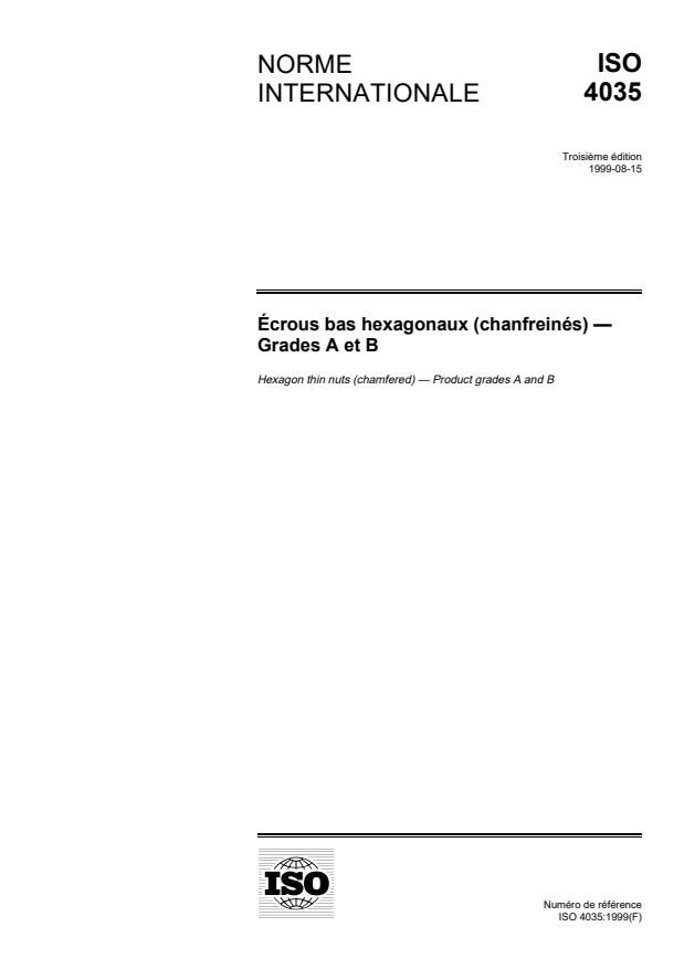 ISO 4035:1999 - Écrous bas hexagonaux (chanfreinés) -- Grades A et B
