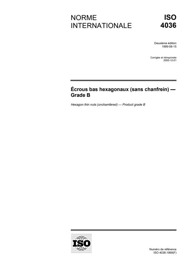 ISO 4036:1999 - Écrous bas hexagonaux (sans chanfrein) -- Grade B