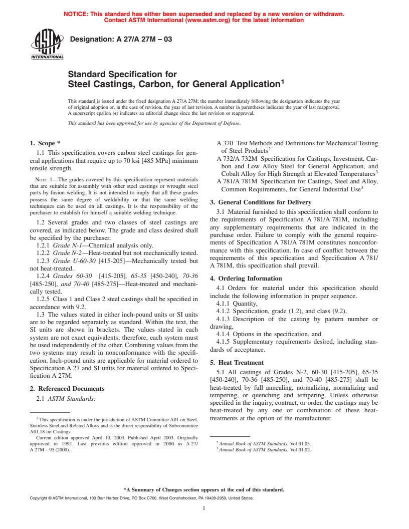 ASTM A27/A27M-03 - Standard Specification for Steel Castings, Carbon, for General Application