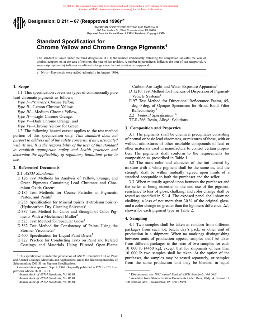 ASTM D211-67(1996)e1 - Standard Specification for Chrome Yellow and Chrome Orange Pigments