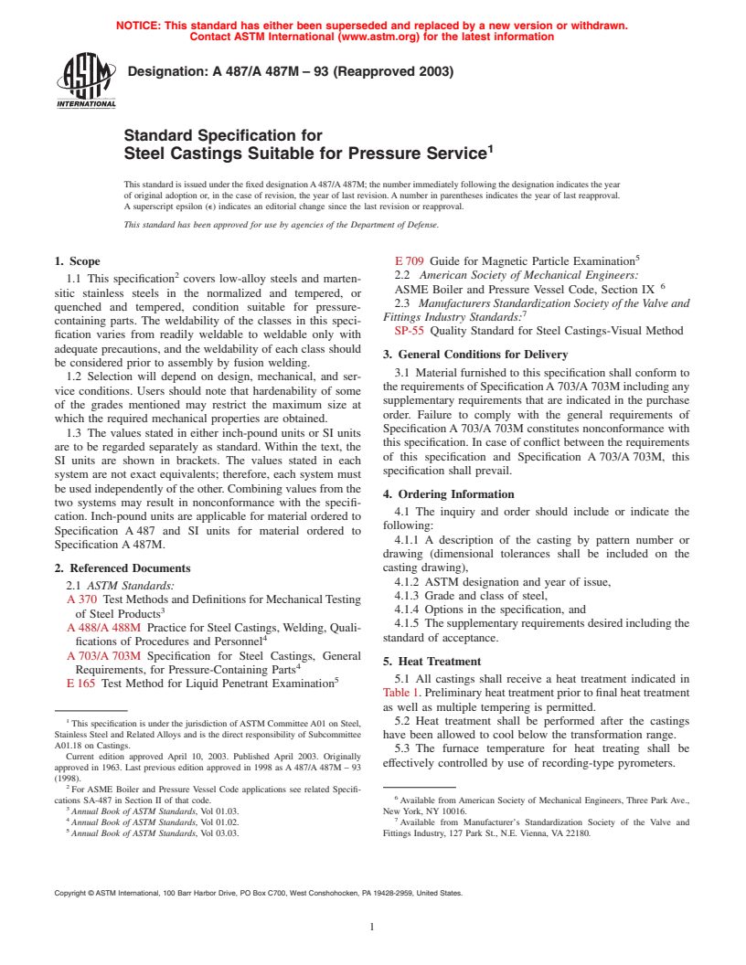 ASTM A487/A487M-93(2003) - Standard Specification for Steel Castings Suitable for Pressure Service