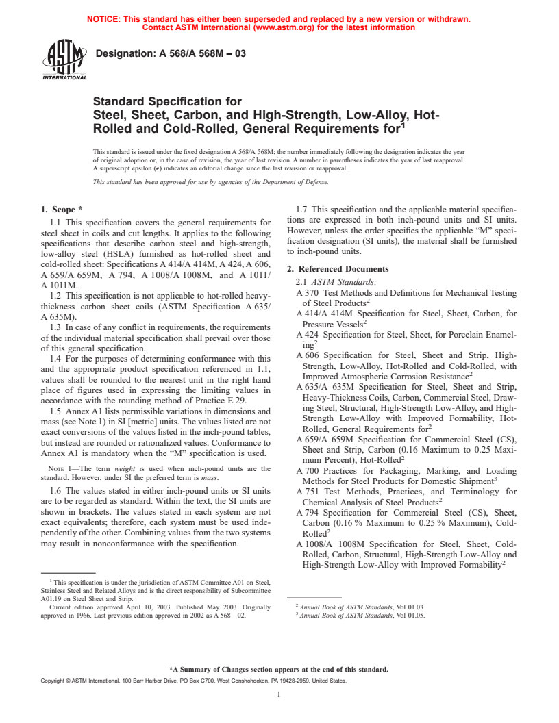 ASTM A568/A568M-03 - Standard Specification for Steel, Sheet, Carbon, and High-Strength, Low-Alloy, Hot-Rolled and Cold-Rolled, General Requirements for