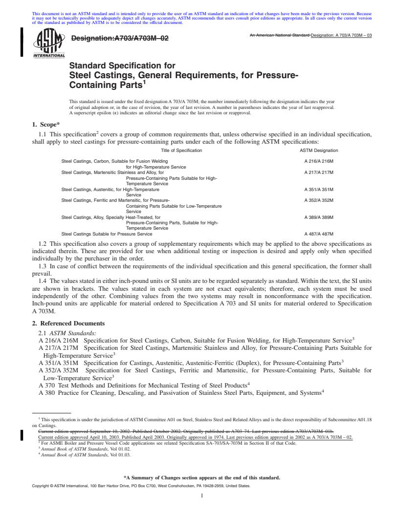 REDLINE ASTM A703/A703M-03 - Standard Specification for Steel Castings, General Requirements, for Pressure-Containing Parts