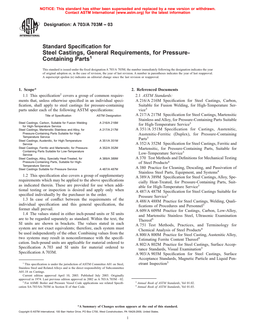 ASTM A703/A703M-03 - Standard Specification for Steel Castings, General Requirements, for Pressure-Containing Parts