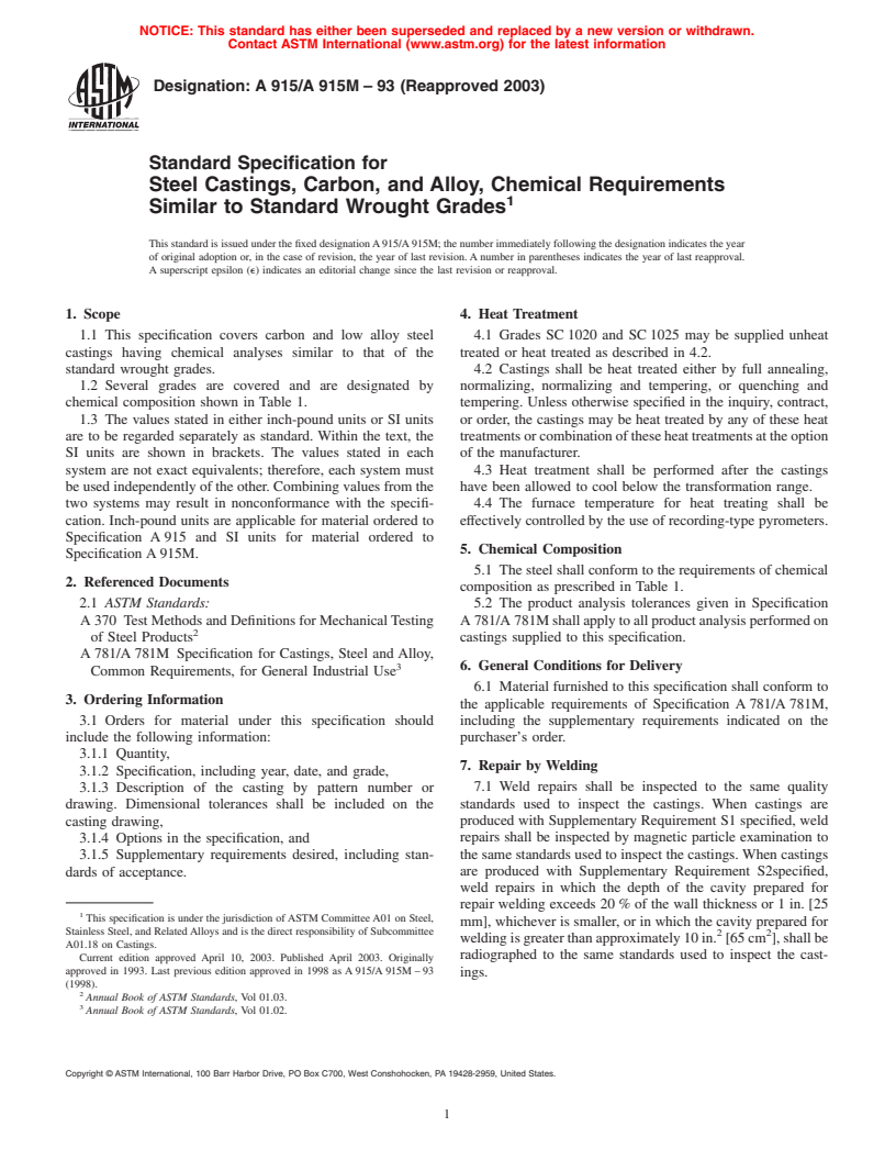 ASTM A915/A915M-93(2003) - Standard Specification for Steel Castings, Carbon, and Alloy, Chemical Requirements Similar to Standard Wrought Grades