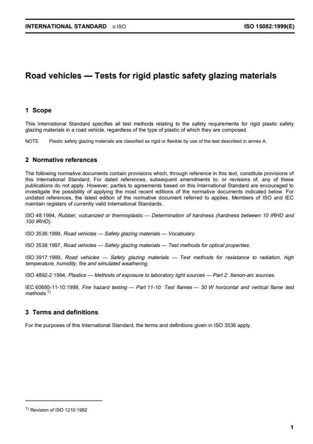 ISO 15082:1999 - Road vehicles -- Tests for rigid plastic safety glazing materials