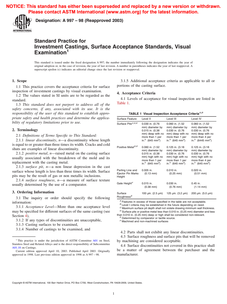 ASTM A997-98(2003) - Standard Practice for Investment Castings, Surface Acceptance Standards, Visual Examination