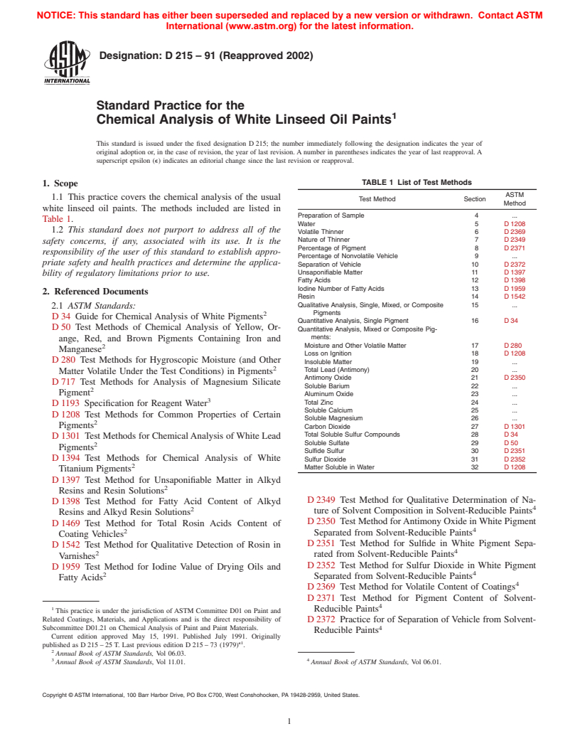 ASTM D215-91(2002) - Standard Practice for the Chemical Analysis of White Linseed Oil Paints (Withdrawn 2005)